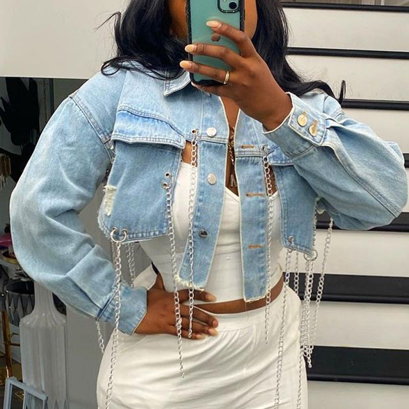 Solid Chains Decoration Cut Out Denim Coat