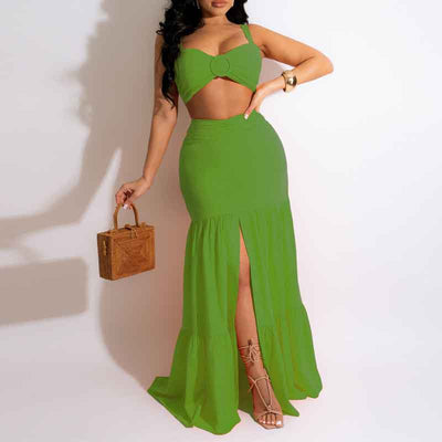 Solid Sleeveless Tube Top & Slit Skirt Set