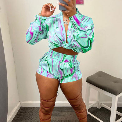 Print Long Sleeve Tied Blouse & Shorts Set