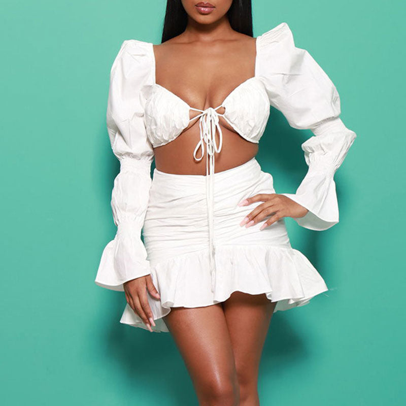 Solid Puff Sleeve Crop Top & Skirt Set