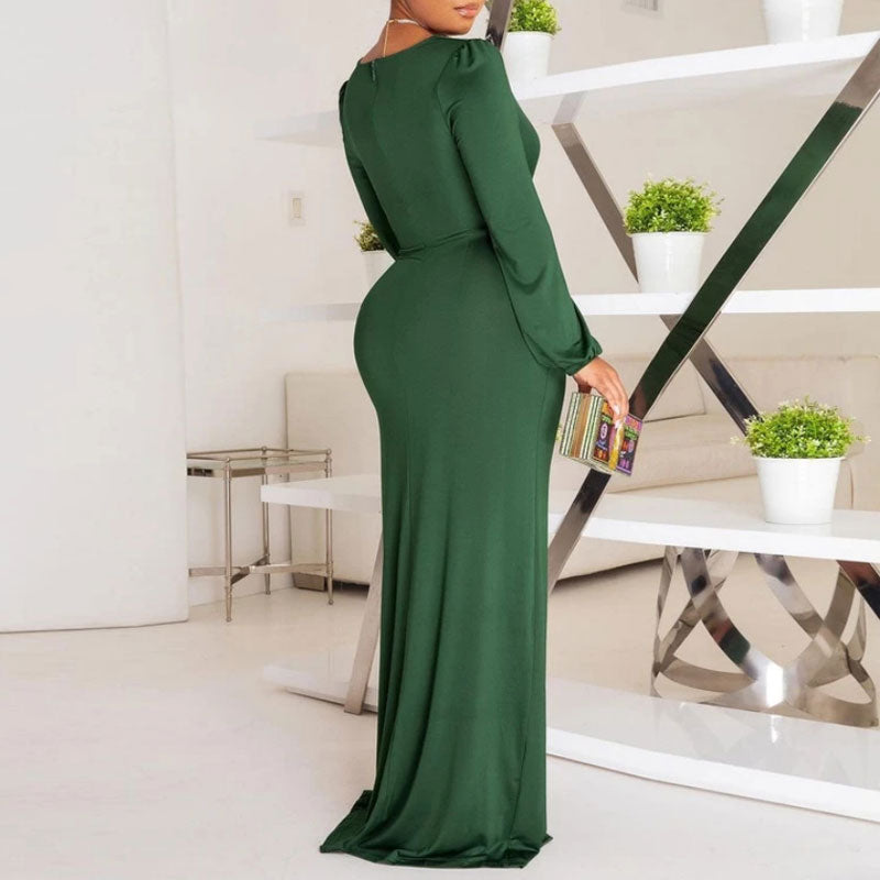 Solid Deep V-Neck Long Sleeve High Slit Maxi Dress