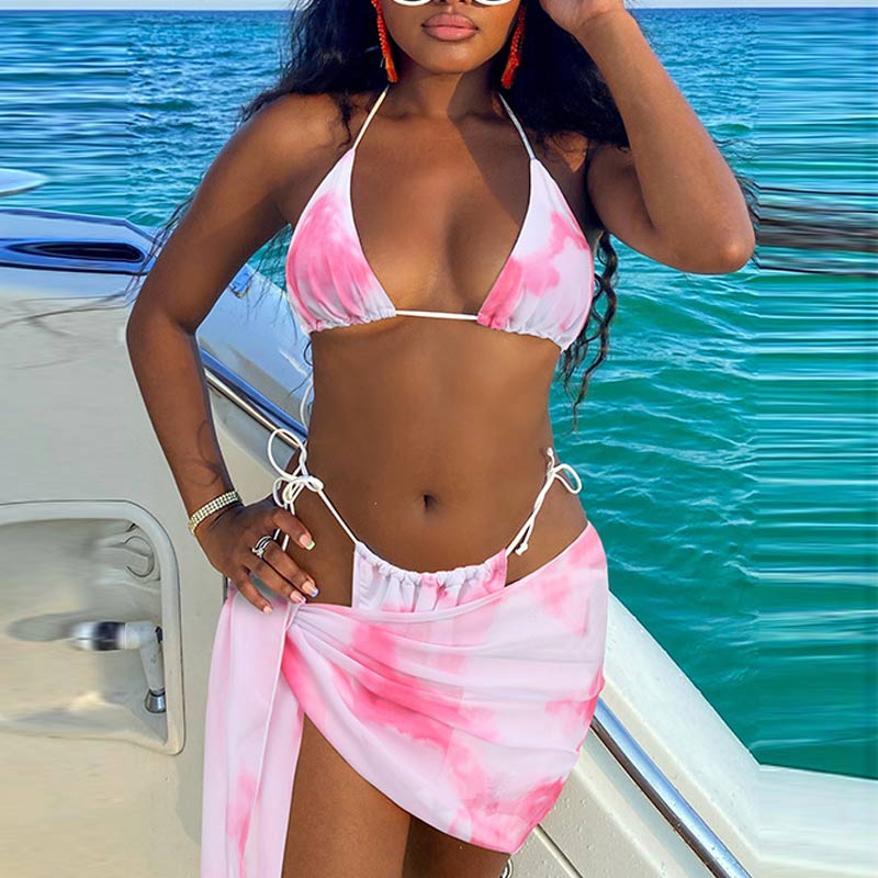 Tie Dye Print Three Piece Swimsuit Set