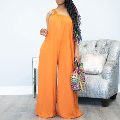 Solid One Shoulder Sleeveless Wide Leg Jumpsuit