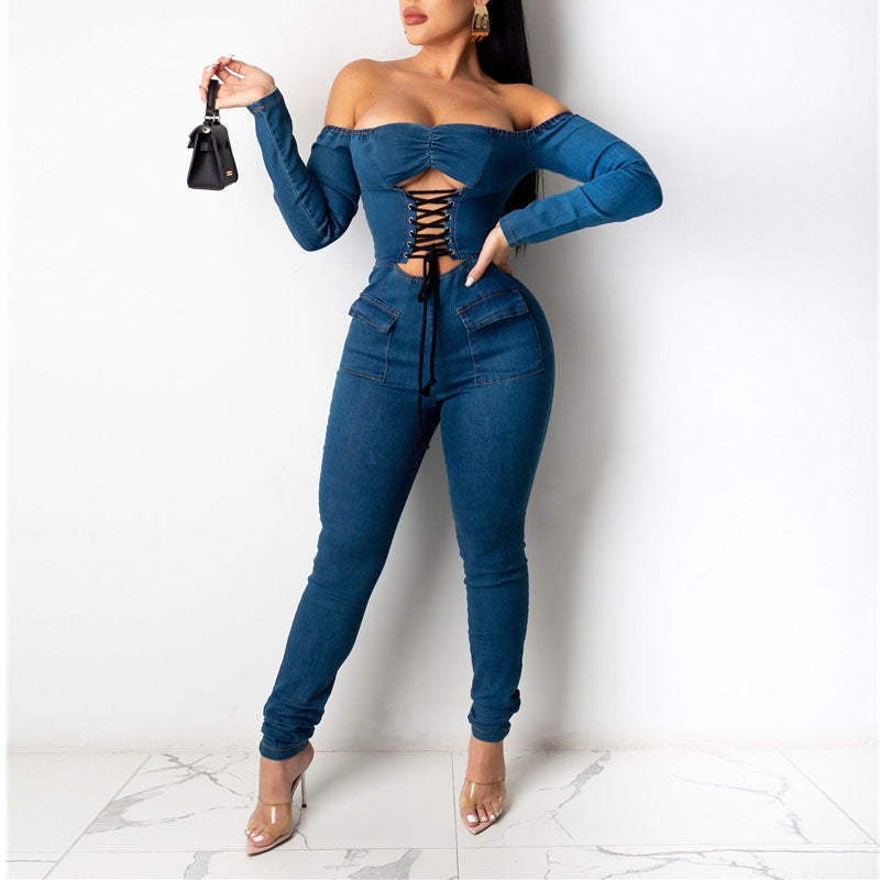 Solid Long Sleeve Off Shoulder Bandage Jumpsuit