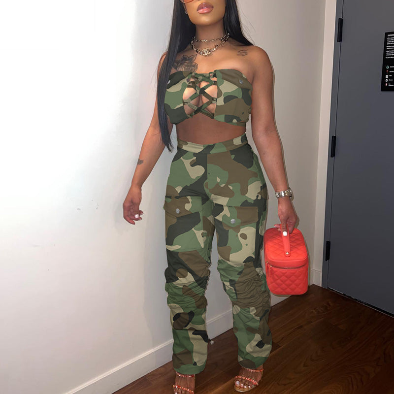 Camouflage Hollow Out Tube Top & Pants Set