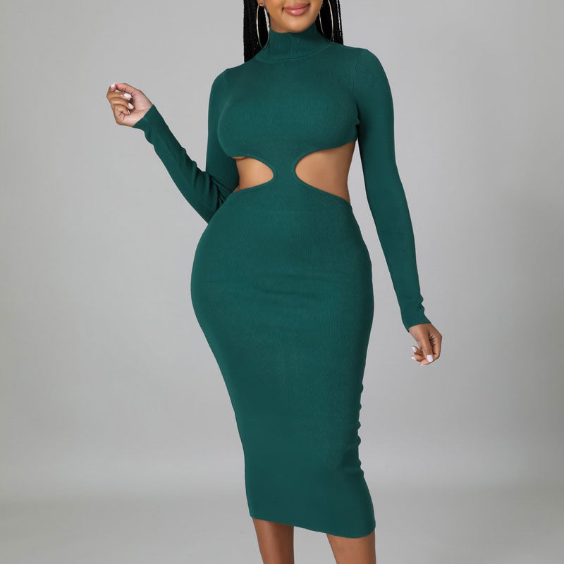 Solid Long Sleeve Cut Out Belted Dress