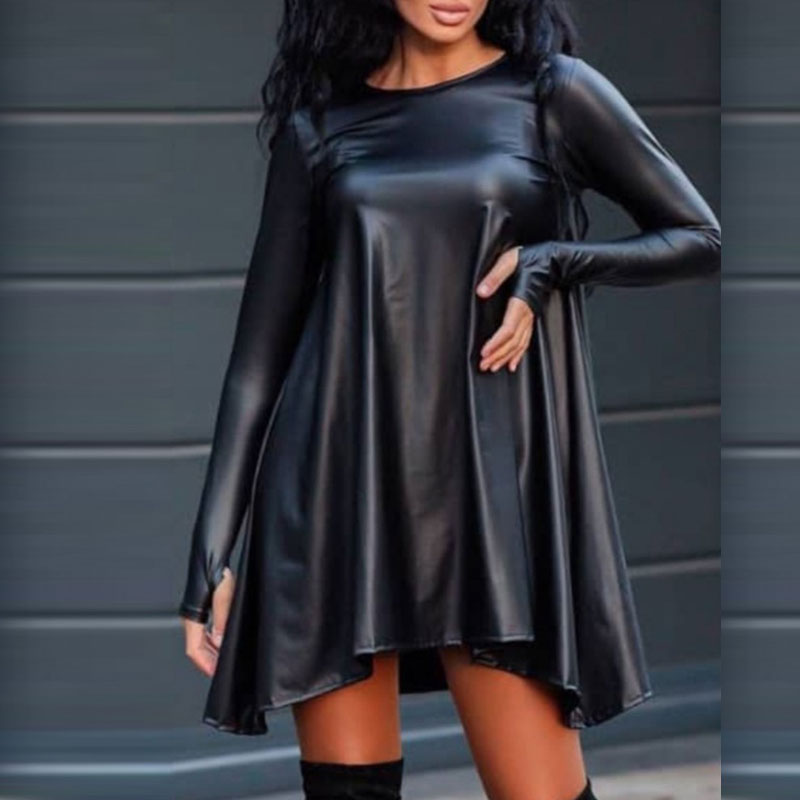 Solid Round Neck Long Sleeve PU Leather Loose Dress