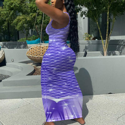 Print Sleeveless Deep V-Neck Fishtail Maxi Dress