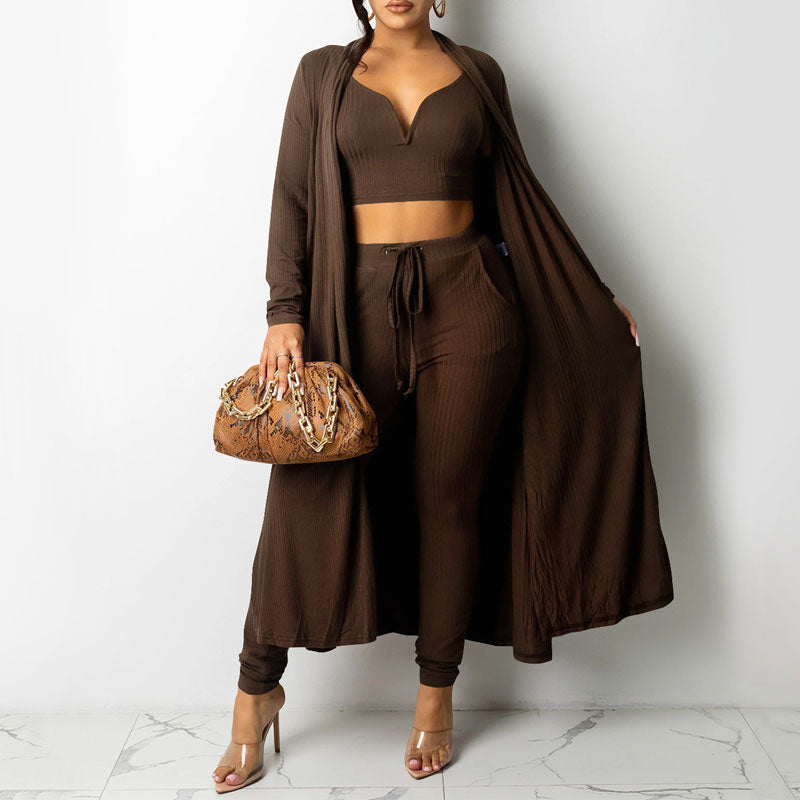 Solid Long Sleeve Knitted Three Piece Set