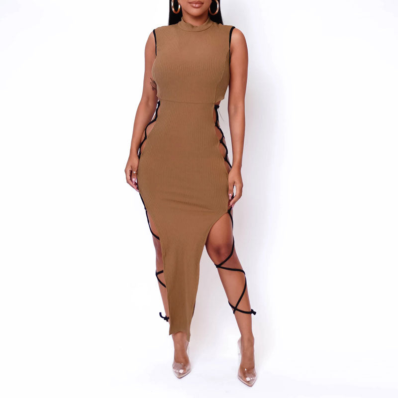 Colorblock Sleeveless Hollow Out Bangdage Slit Dress