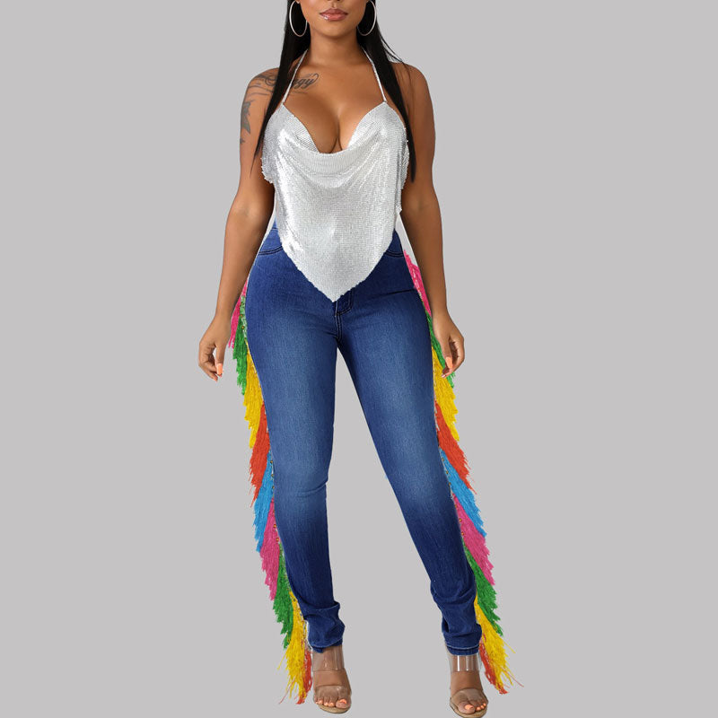 Colorful High Waist Tassel Design Denim Pants