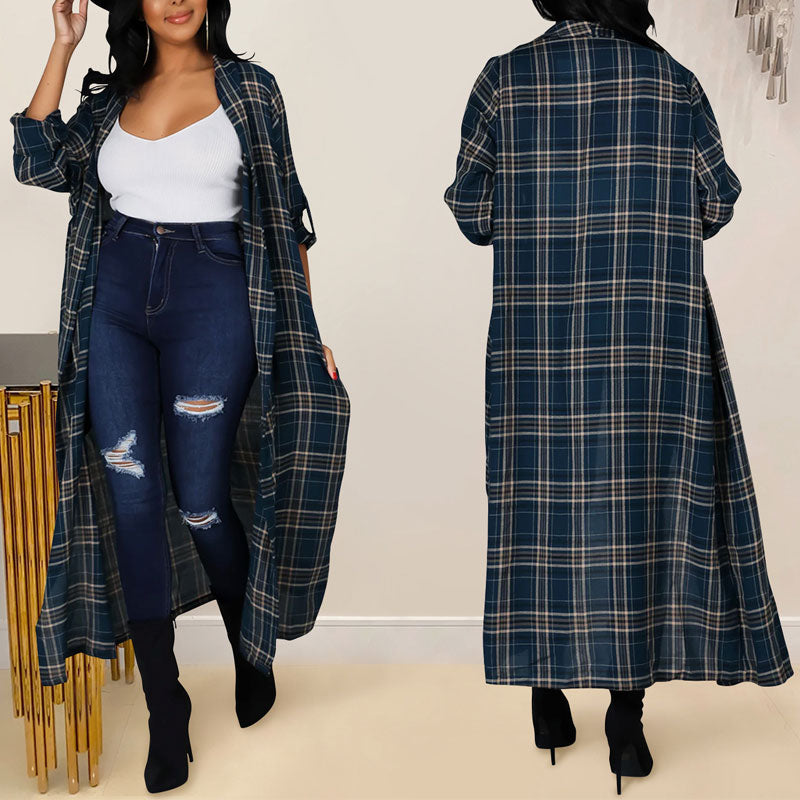 Plaid Pattern Long Sleeve Maxi Dress