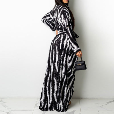 Print V-Neck Long Sleeve Bleted Maxi Shirt Dress