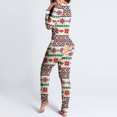 Christmas Pattern Deep V-Neck Long Sleeve Jumpsuit