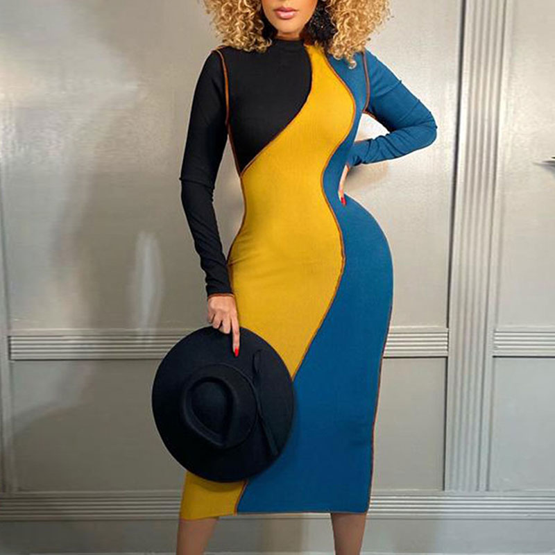 Colorblock Long Sleeve Midi Dress