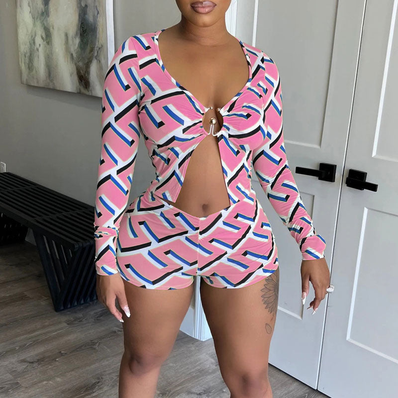 Print Long Sleeve Slit Top & Shorts Set