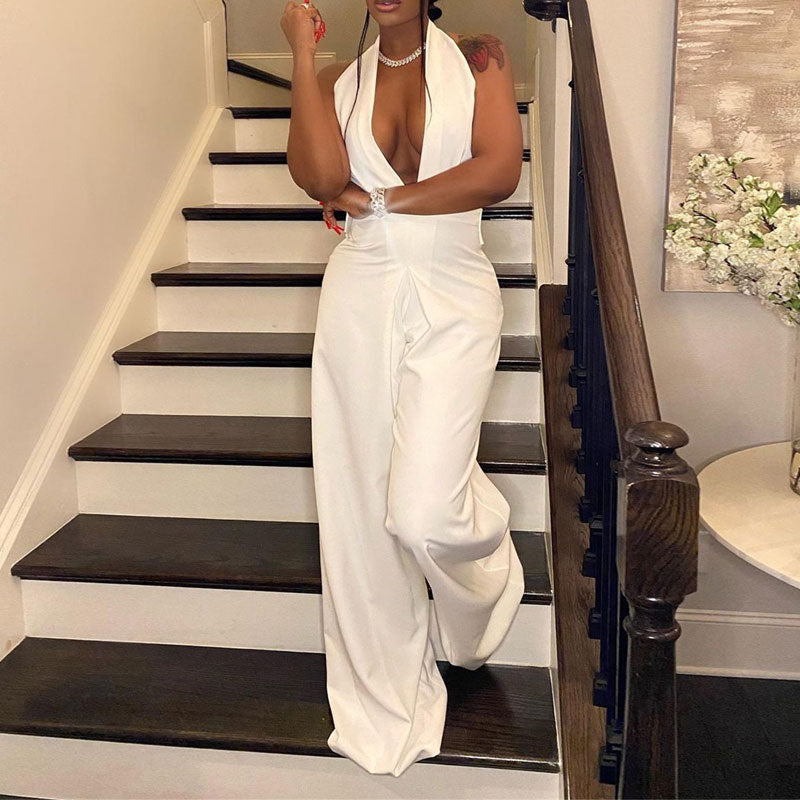 Solid Deep V-Neck Halter Wide Leg Jumpsuit