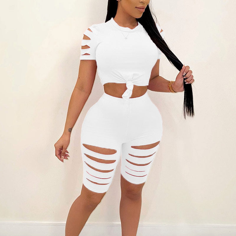 Solid Cut Out Crop Top & Shorts Set