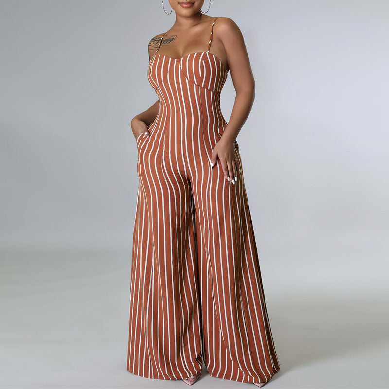 Striped Print Sleeveless Wide Leg Jumpsuit