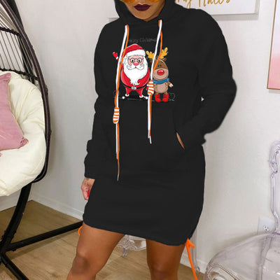 Santa Claus & Elk Pattern Long Sleeve Hoodie Dress