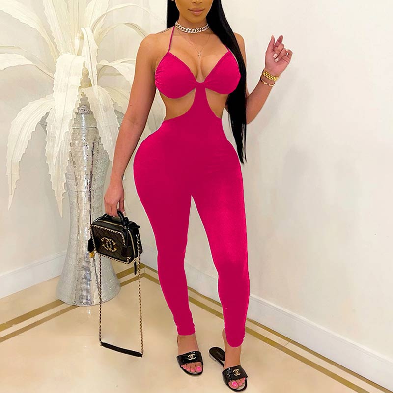 Solid Deep V-Neck Hollow Out Jumpsuit