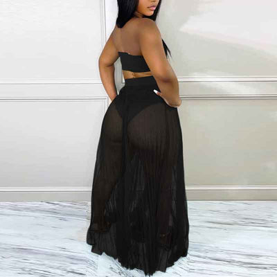 Solid Sleeveless Tube Top & Sheer Mesh Skirt Set