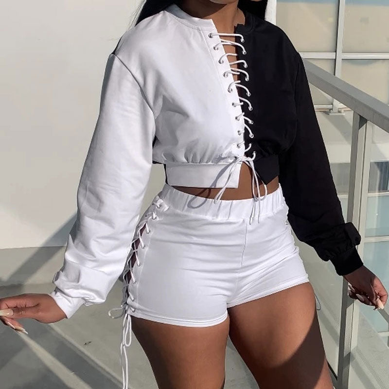 Colorblock Lace Up Crop Top & Shorts Set