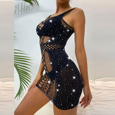 Rhinestone Sleeveless Hollow Out Fishnet Bodycon Dress