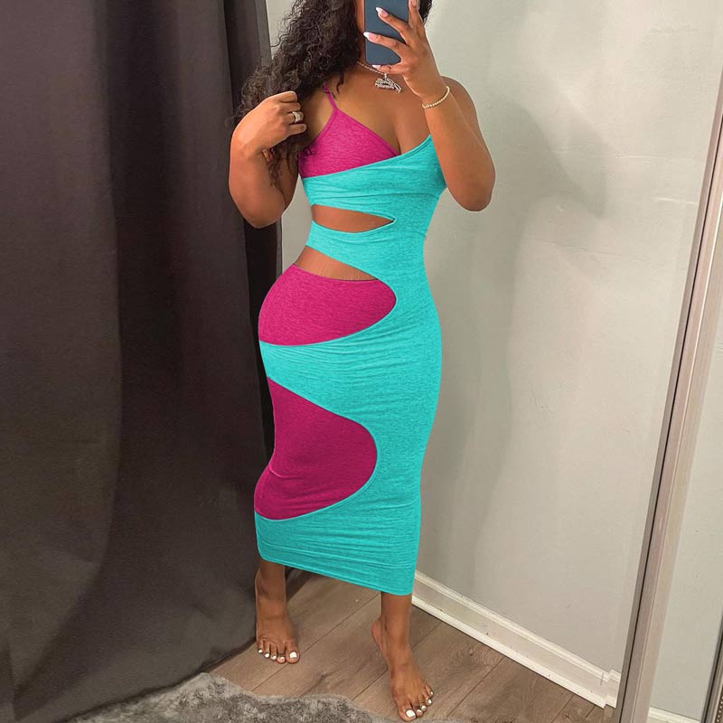 Colorblock Sleeveless Spaghetti Strap Cut Out Maxi Dress