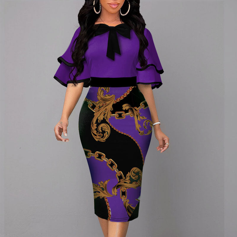 Chain Print Bowknot Decoration Ruffle Design Midi Dress