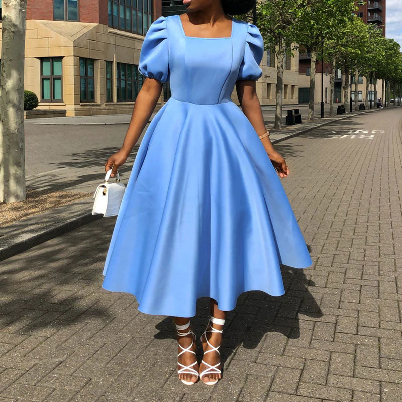 Solid Square Neck Puff Sleeve Pleated Midi Dress