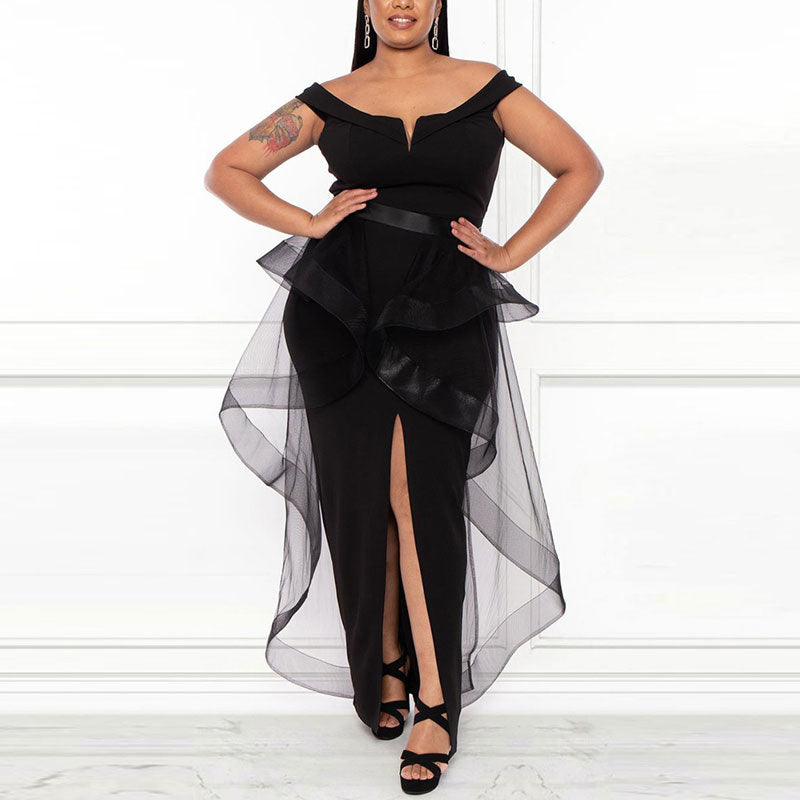 Solid Off Shoulder Sleeveless High Slit Tulle Plus Size Dress