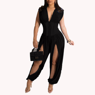 Solid V-Neck Sleeveless High Slit Jumpsuit