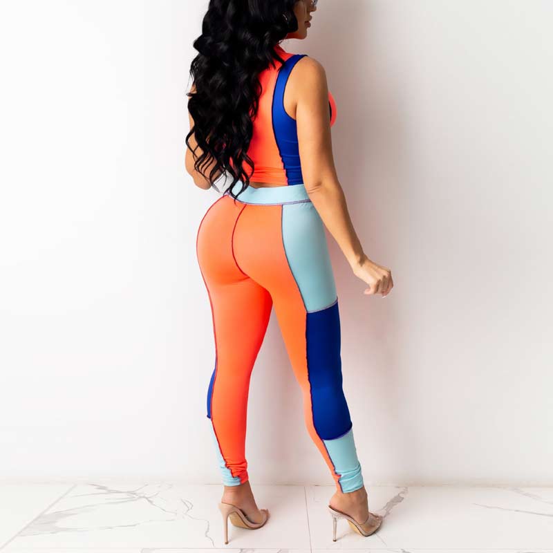 Colorblock Sleeveless Zipper Design Crop Top & Pants Set