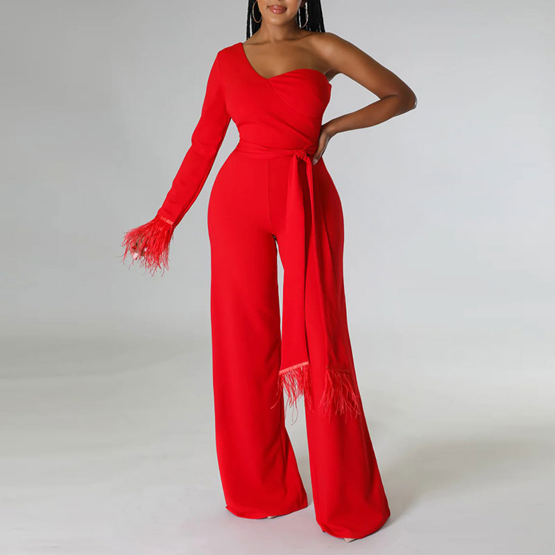 Solid One Shoulder Feather Design Belted Jumpsuit