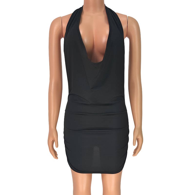 Solid Sleeveless Deep V-Neck Halter Ruched Bodycon Dress