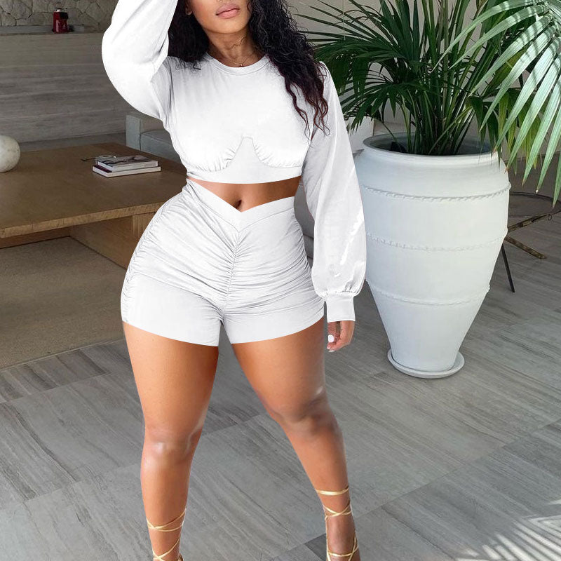 Solid Long Sleeve Crop Top & Shorts Set