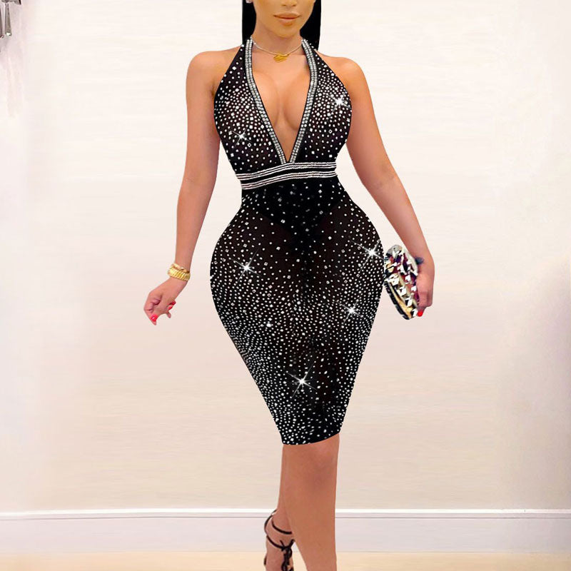 Rhinestone Deep V-Neck Halter Bodycon Dress