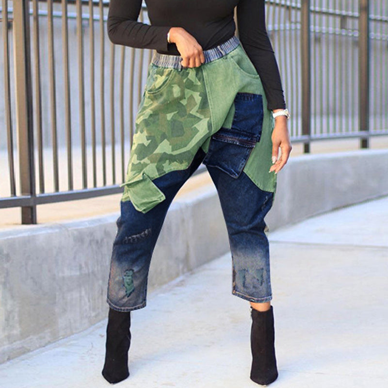 Denim Camouflage Patchwork Pocket Straight Pants