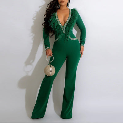 Rhinestone Deep V-Neck Feather Design Jumpsuit