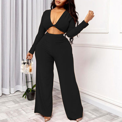 Solid V-Neck Long Sleeve Crop Top & Pants Set