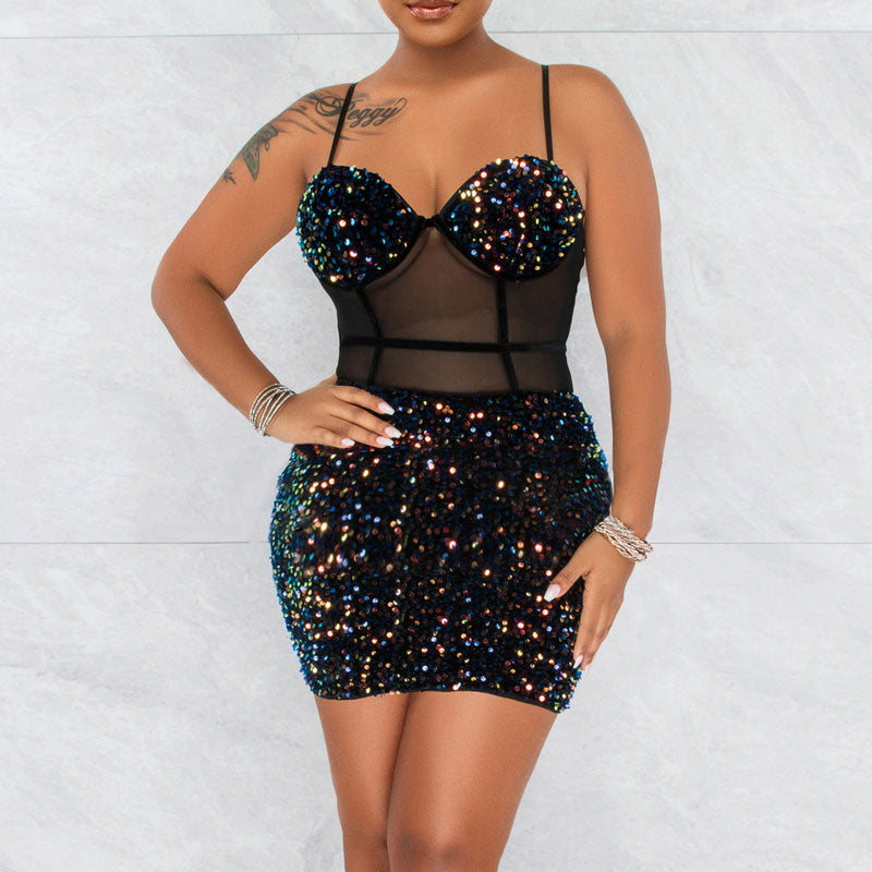 Sequins Sleeveless Mesh Patchwork Bodycon Dress