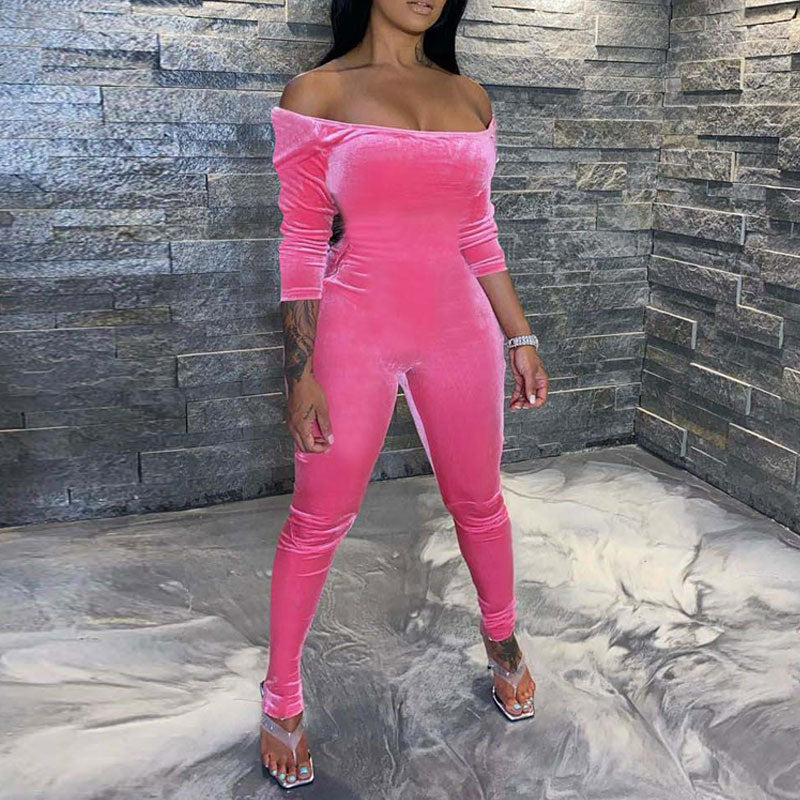 Solid Off Shoulder Long Sleeve Skinny Jumpsuit