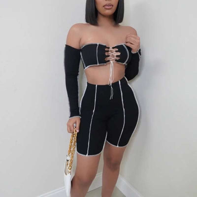 Solid Off Shoulder Long Sleeve Lace Up Two Piece Shorts Set