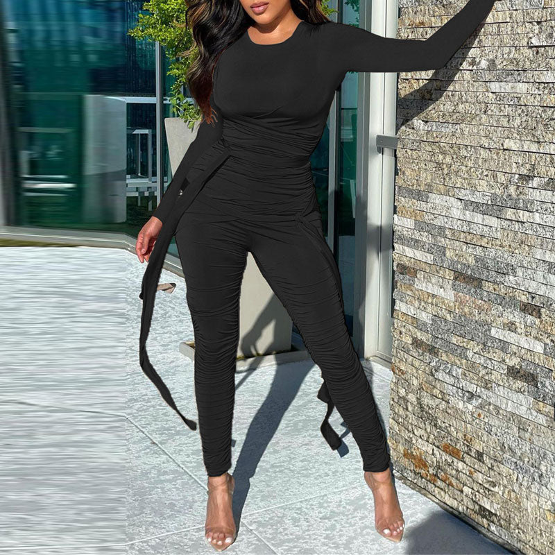 Solid Round Neck Long Sleeve Bandage Zipper Design Jumpsuit