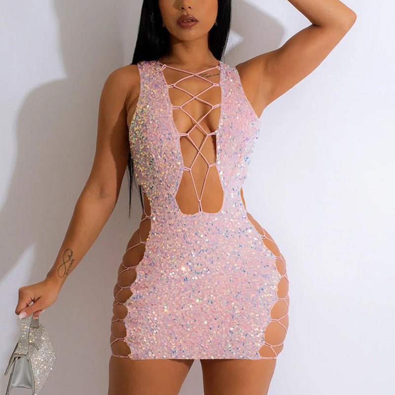 Sequins Hollow Out Sleeveless Bodycon Dress