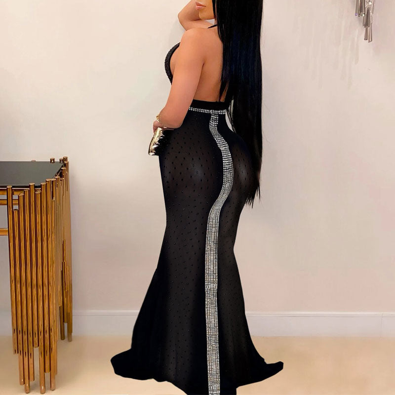 Rhinestone Sleeveless V-Neck Sheer Mesh Maxi Dress