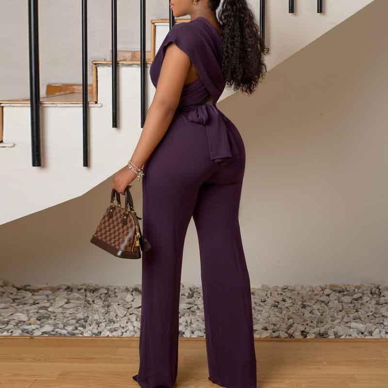 Solid Deep V-Neck Bandage Jumpsuit