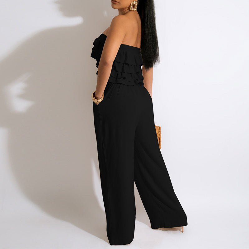 Solid Off Shoulder Lace Up Tube Top & Wide Leg Pants Set