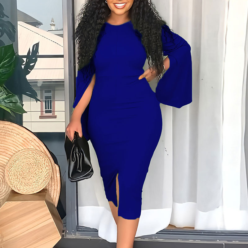 Solid Slit Sleeve Crew Neck Bodycon Dress